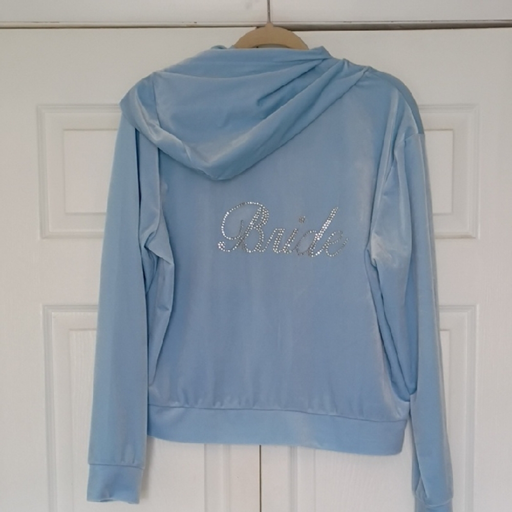 David's Bridal Light Blue Hoodie with Rhinestone 'Bride' Design Size Large
